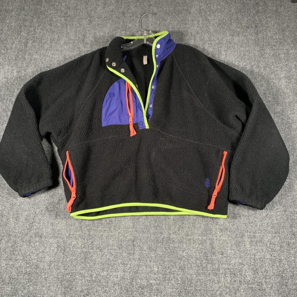 Fp Movement Jacket Womens Medium Black Fleece 1/2 Zip Snap Pullover Neon Trim